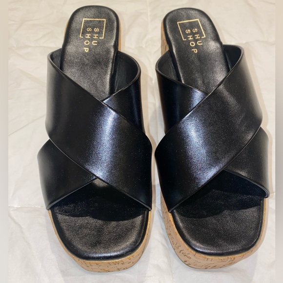 ShuShop Black Wedge Sandals - Picture 1 of 9